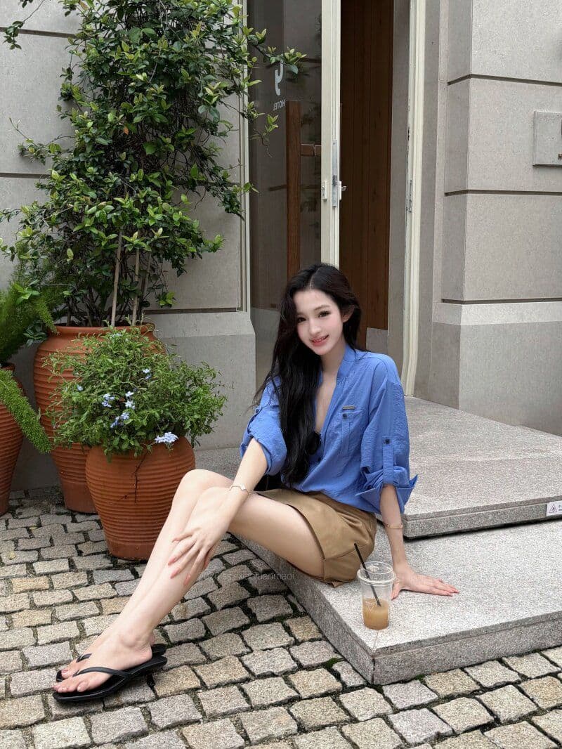 원본 원단 파란색 스탠드 칼라 루즈핏 긴팔 여성 셔츠 가을 V넥 여성 셔츠 조기 가을 셔츠 상세 이미지 4