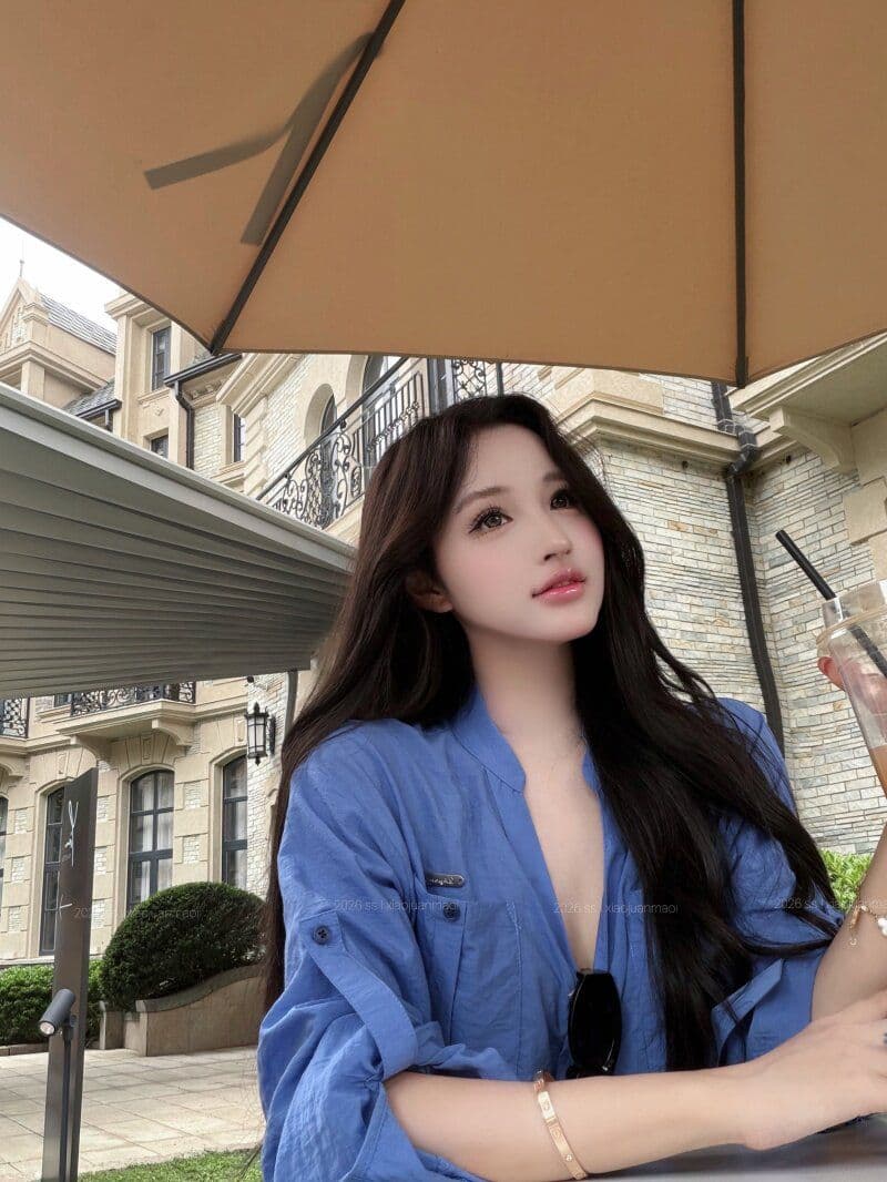 원본 원단 파란색 스탠드 칼라 루즈핏 긴팔 여성 셔츠 가을 V넥 여성 셔츠 조기 가을 셔츠 상세 이미지 5