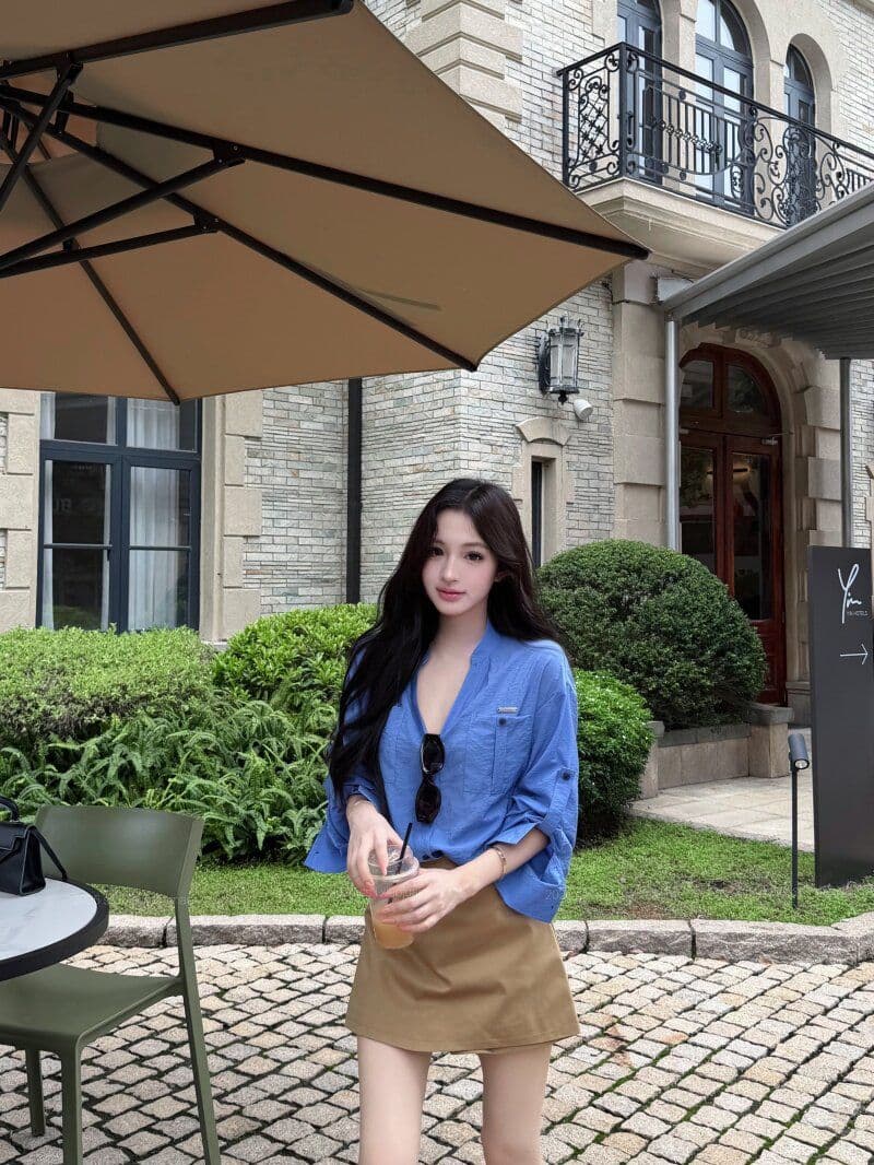 원본 원단 파란색 스탠드 칼라 루즈핏 긴팔 여성 셔츠 가을 V넥 여성 셔츠 조기 가을 셔츠 상세 이미지 9
