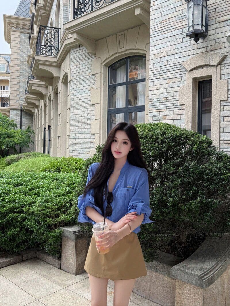 원본 원단 파란색 스탠드 칼라 루즈핏 긴팔 여성 셔츠 가을 V넥 여성 셔츠 조기 가을 셔츠 상세 이미지 11