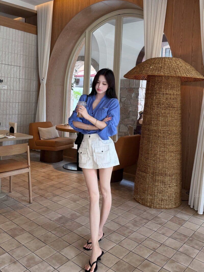 원본 원단 파란색 스탠드 칼라 루즈핏 긴팔 여성 셔츠 가을 V넥 여성 셔츠 조기 가을 셔츠 상세 이미지 13