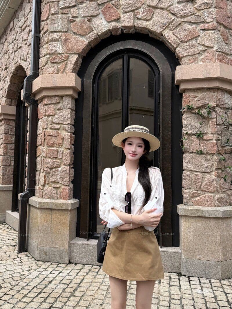 원본 원단 파란색 스탠드 칼라 루즈핏 긴팔 여성 셔츠 가을 V넥 여성 셔츠 조기 가을 셔츠 상세 이미지 18