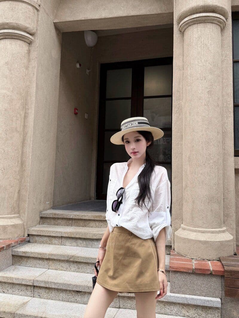 원본 원단 파란색 스탠드 칼라 루즈핏 긴팔 여성 셔츠 가을 V넥 여성 셔츠 조기 가을 셔츠 상세 이미지 19