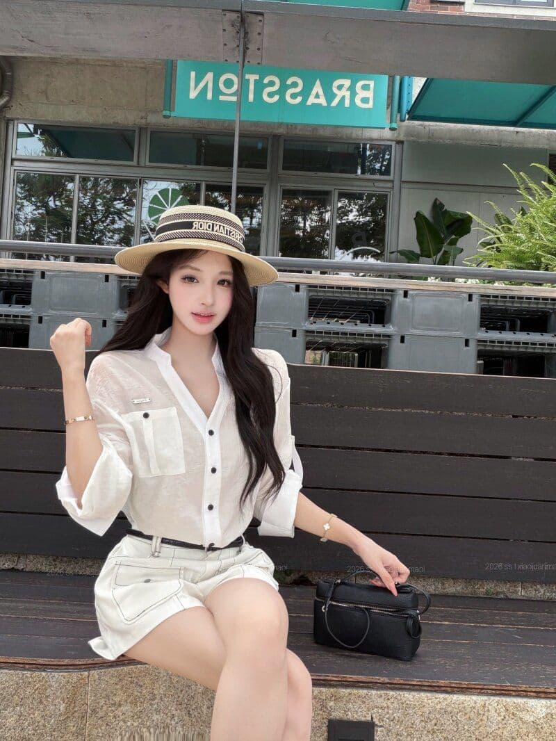 원본 원단 파란색 스탠드 칼라 루즈핏 긴팔 여성 셔츠 가을 V넥 여성 셔츠 조기 가을 셔츠 상세 이미지 24