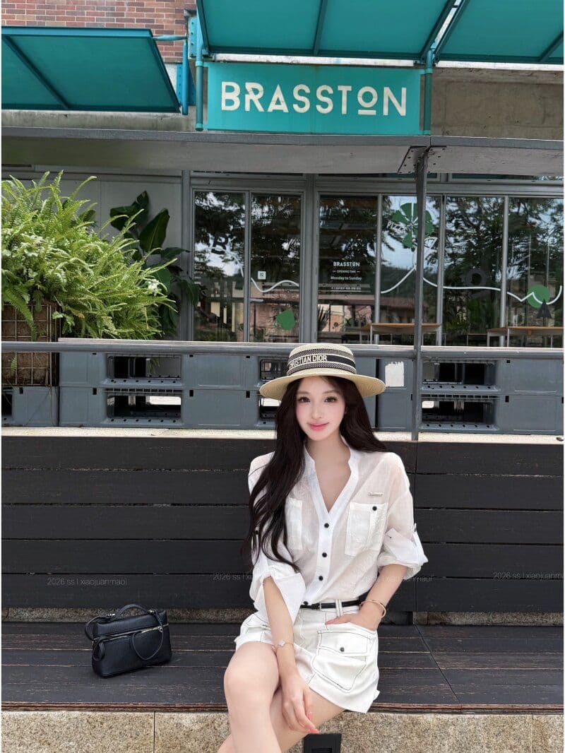 원본 원단 파란색 스탠드 칼라 루즈핏 긴팔 여성 셔츠 가을 V넥 여성 셔츠 조기 가을 셔츠 상세 이미지 26