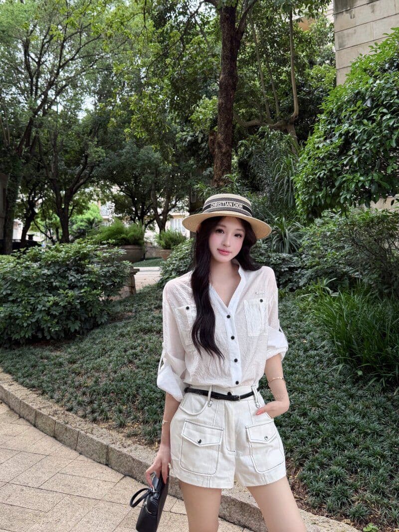 원본 원단 파란색 스탠드 칼라 루즈핏 긴팔 여성 셔츠 가을 V넥 여성 셔츠 조기 가을 셔츠 상세 이미지 28