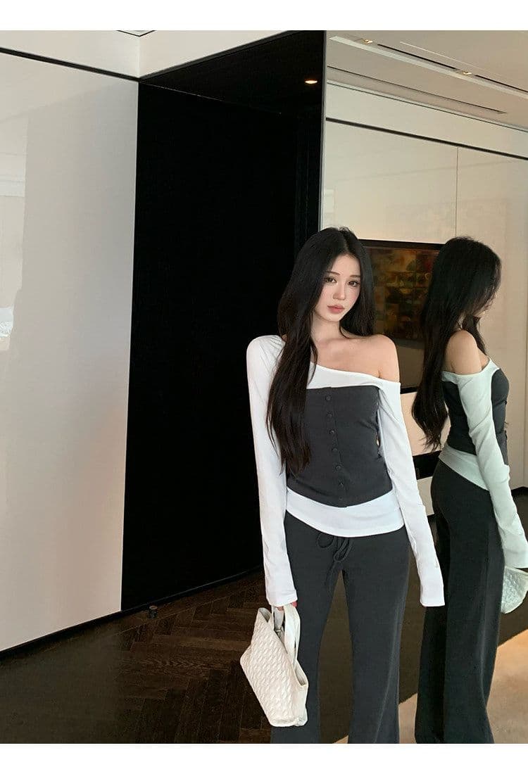 와 사고 방식 인사이드 가져 가라. 기본 셔츠 여성 가을 긴팔 티셔츠 페이크 레이어드 몸매 가꾸기 오프숄더 비스듬한 어깨 의류 상세 이미지 7