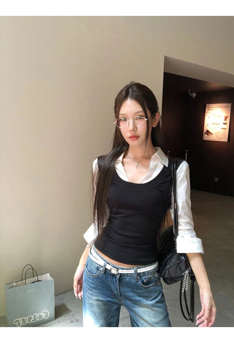 원본 것 여성 셔츠 가을 프랑스식 맨위 페이크 레이어드 긴팔 허리 수축 핫걸 자이언트 잘 생긴 셔츠 상세 이미지 2