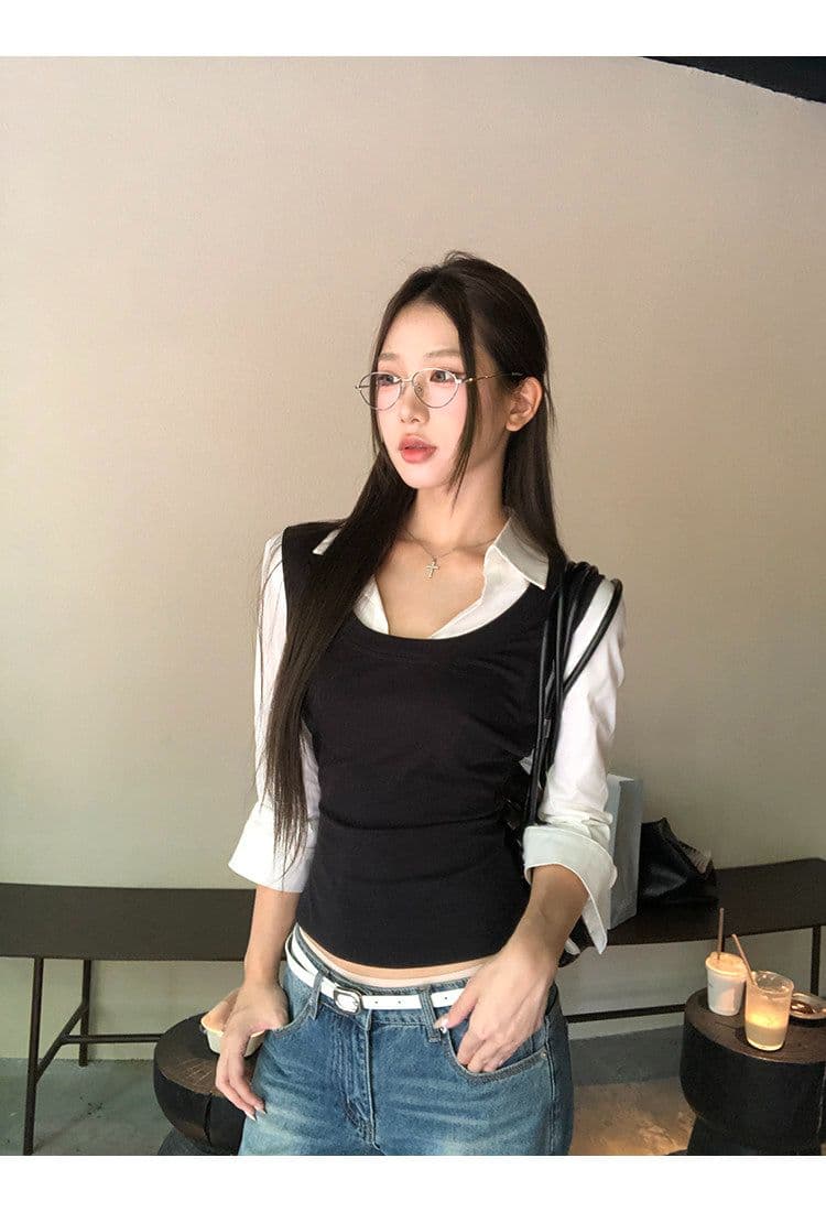 원본 것 여성 셔츠 가을 프랑스식 맨위 페이크 레이어드 긴팔 허리 수축 핫걸 자이언트 잘 생긴 셔츠 상세 이미지 3
