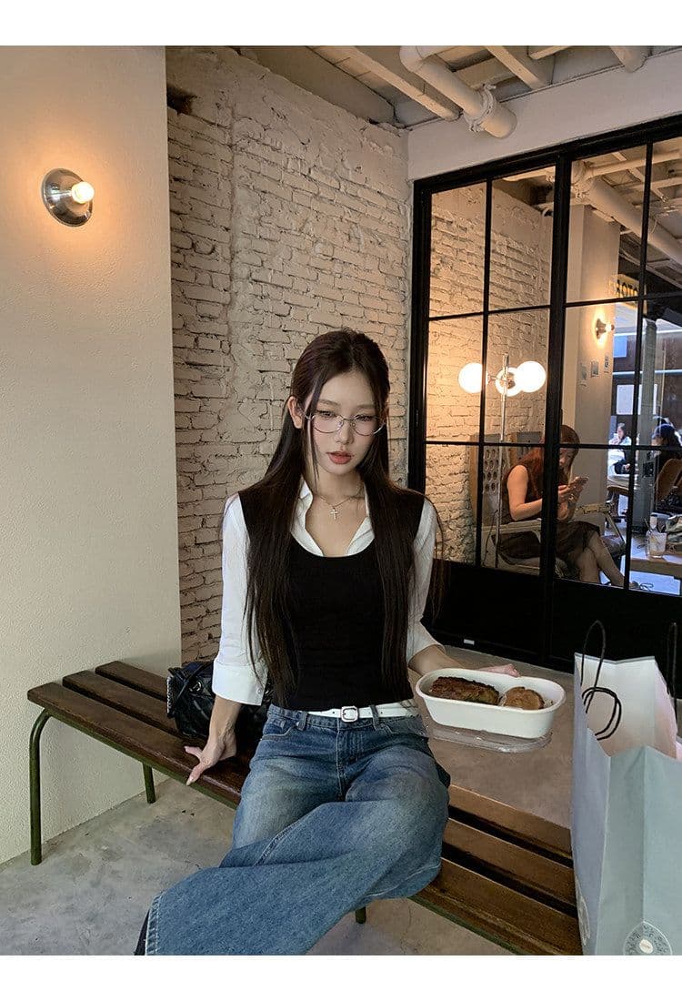 원본 것 여성 셔츠 가을 프랑스식 맨위 페이크 레이어드 긴팔 허리 수축 핫걸 자이언트 잘 생긴 셔츠 상세 이미지 10