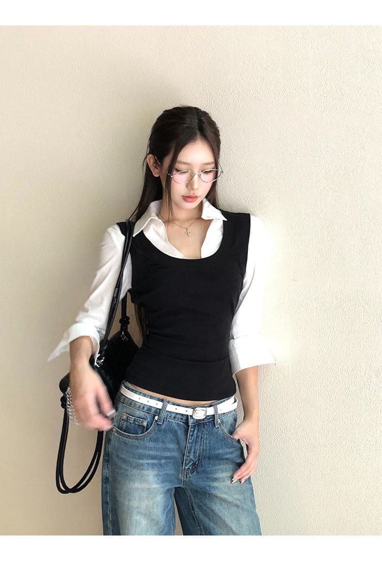 원본 것 여성 셔츠 가을 프랑스식 맨위 페이크 레이어드 긴팔 허리 수축 핫걸 자이언트 잘 생긴 셔츠 상세 이미지 13