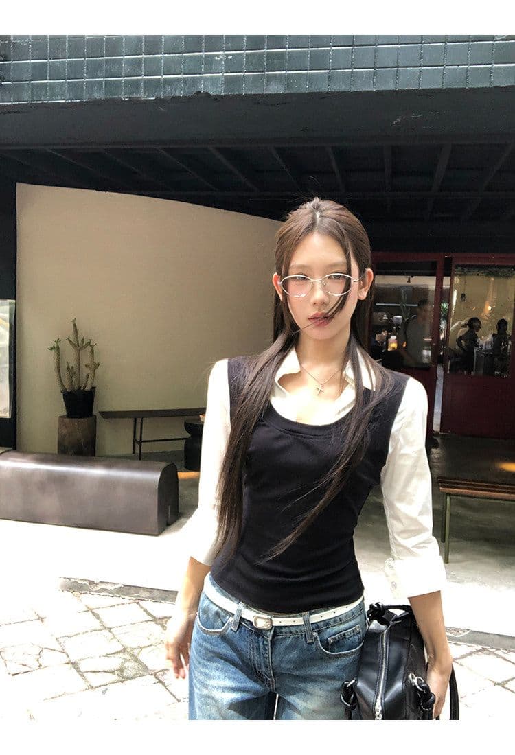 원본 것 여성 셔츠 가을 프랑스식 맨위 페이크 레이어드 긴팔 허리 수축 핫걸 자이언트 잘 생긴 셔츠 상세 이미지 15