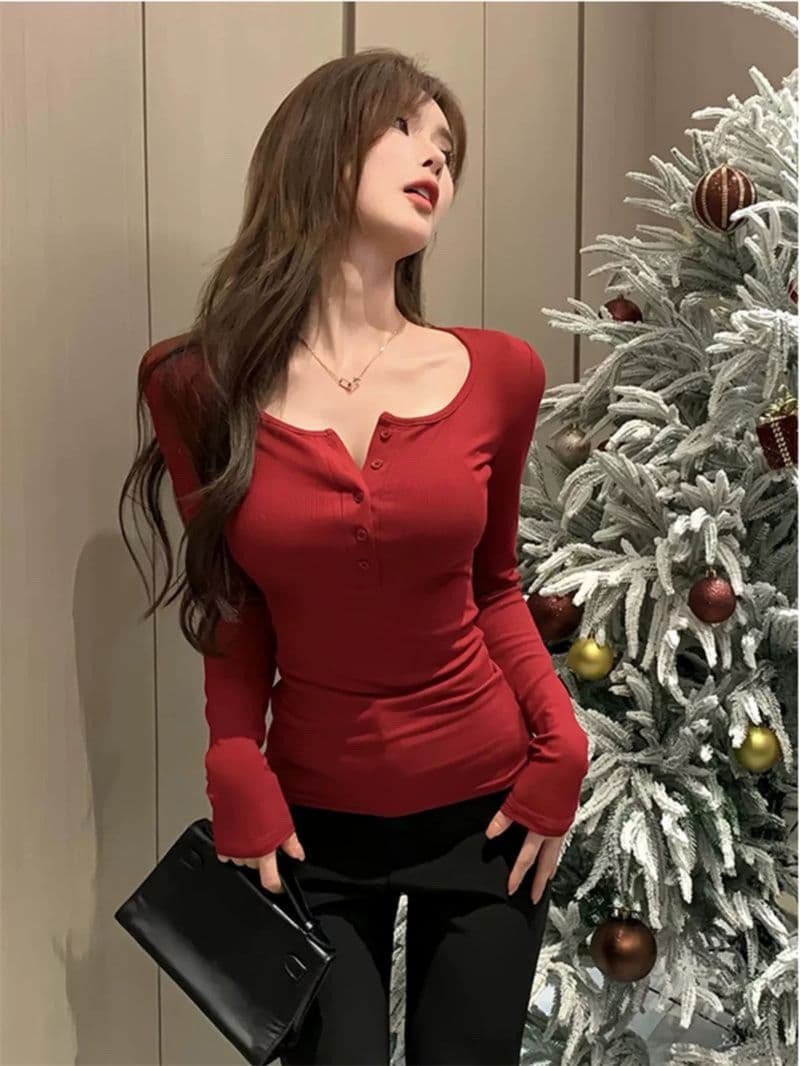 경관 그림 와 사고 방식 크리스마스 착용 가져 가라. 긴팔 티셔츠 기본 셔츠 여성 가을 겨울 인사이드 가져 가라. 광장 칼라 몸매 가꾸기 상세 이미지 6