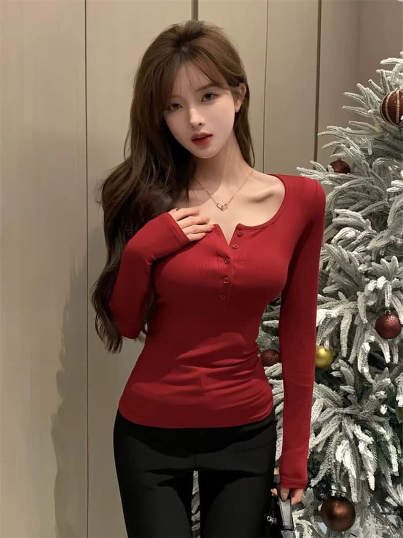 경관 그림 와 사고 방식 크리스마스 착용 가져 가라. 긴팔 티셔츠 기본 셔츠 여성 가을 겨울 인사이드 가져 가라. 광장 칼라 몸매 가꾸기 상세 이미지 7