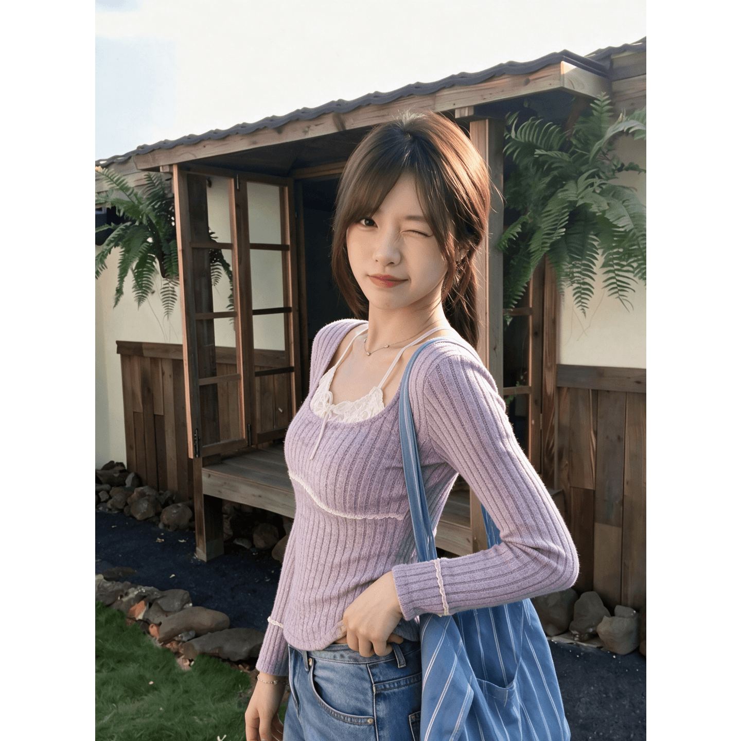 경관 그림 연삭 구덩이 기사 210 그램 8 4 프랑스식 달콤한 매운맛 페이크 레이어드 레이스 조각 긴팔 맨위 상세 이미지 6