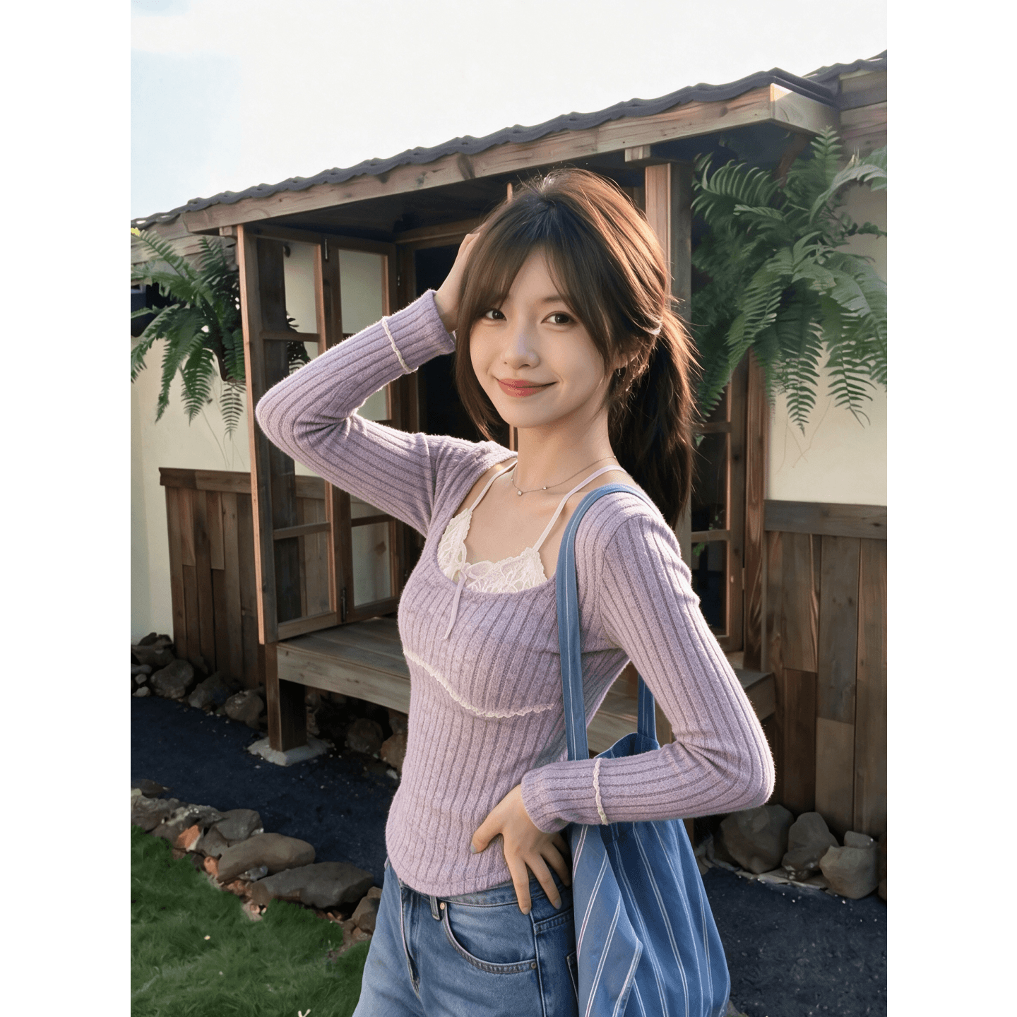 경관 그림 연삭 구덩이 기사 210 그램 8 4 프랑스식 달콤한 매운맛 페이크 레이어드 레이스 조각 긴팔 맨위 상세 이미지 10