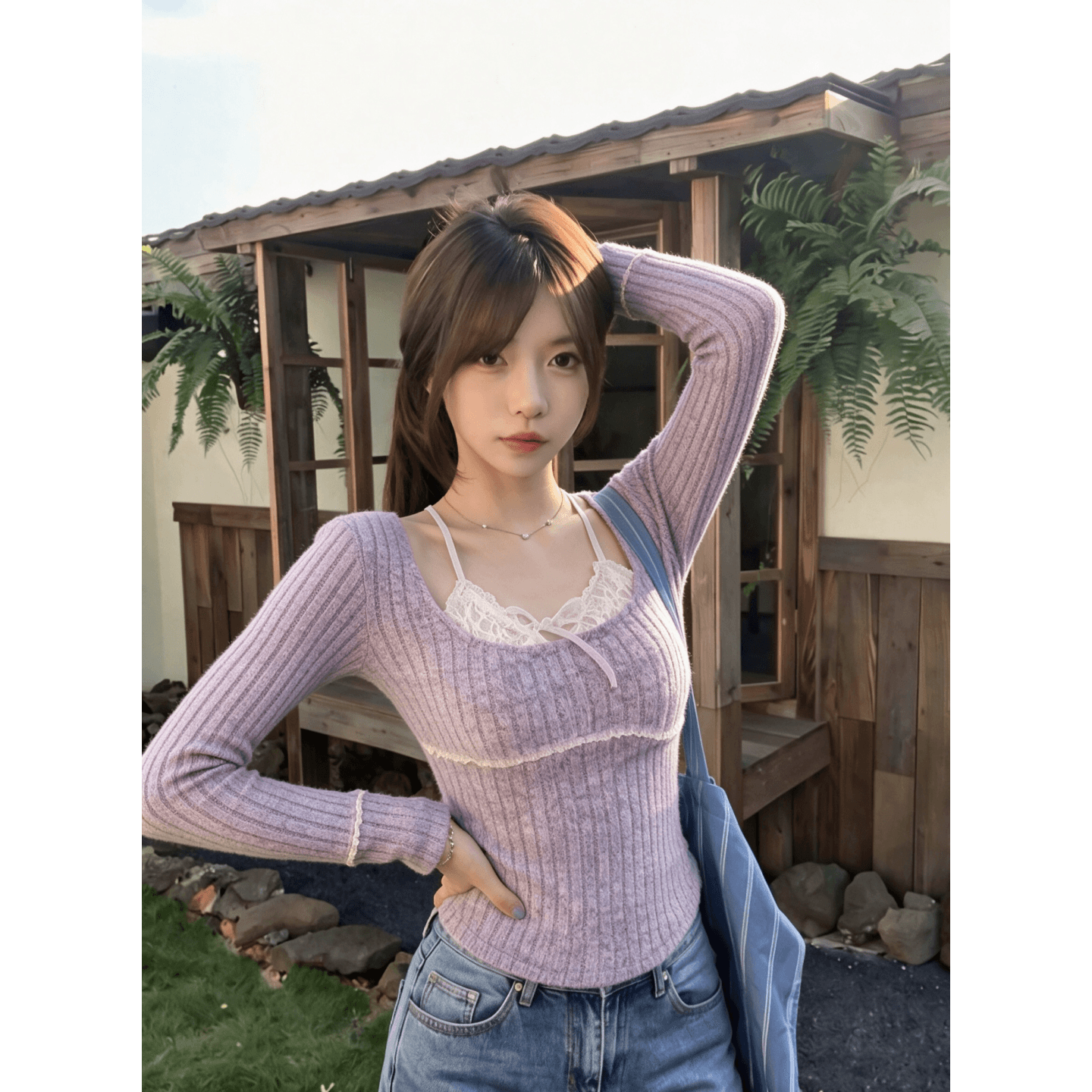 경관 그림 연삭 구덩이 기사 210 그램 8 4 프랑스식 달콤한 매운맛 페이크 레이어드 레이스 조각 긴팔 맨위 상세 이미지 11