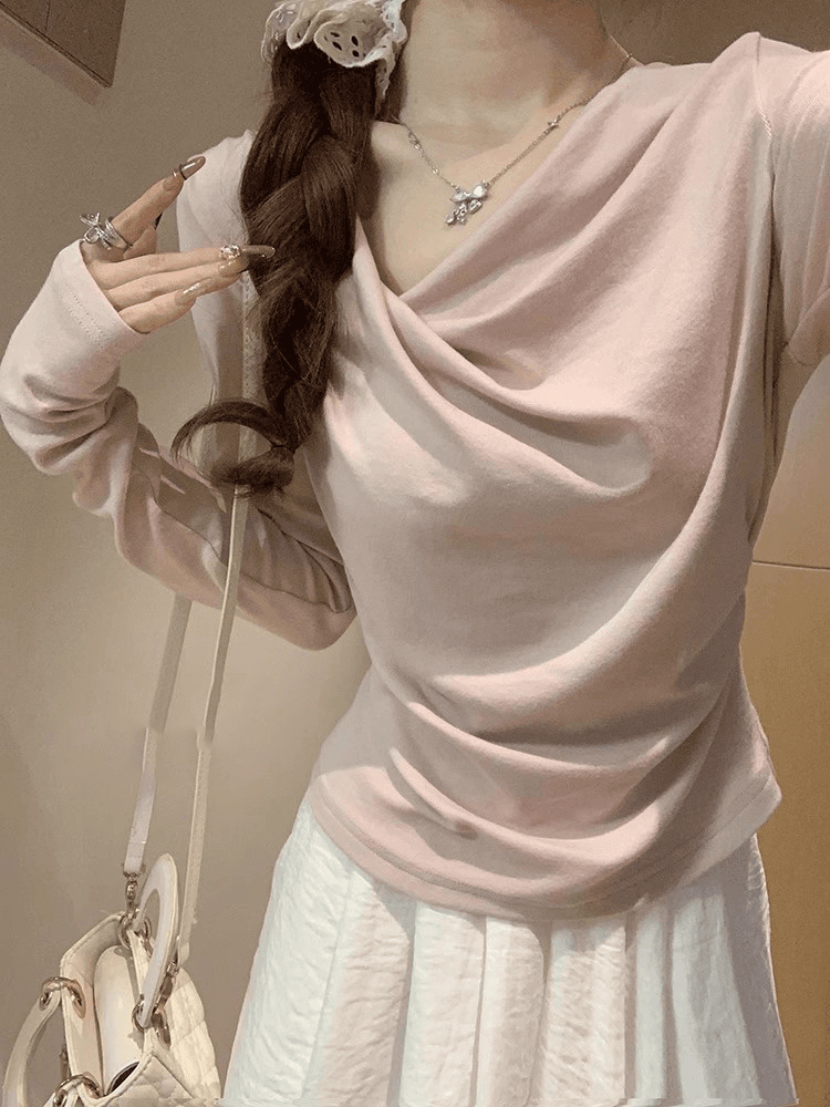 경관 그림 와 사고 방식 모달 260 그램 1 1 부드러운 바람 파란색 V넥 흔들다 칼라 긴팔 여성 티셔츠 상세 이미지 4