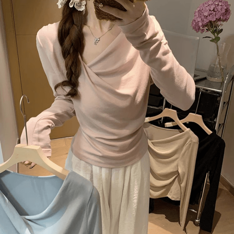 경관 그림 와 사고 방식 모달 260 그램 1 1 부드러운 바람 파란색 V넥 흔들다 칼라 긴팔 여성 티셔츠 상세 이미지 5