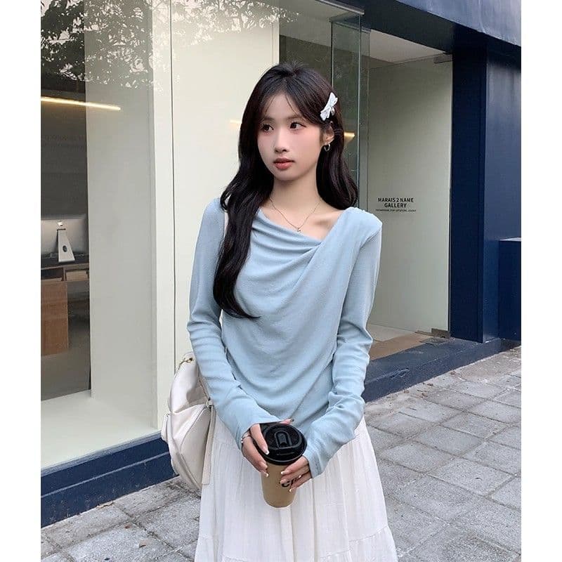 경관 그림 와 사고 방식 모달 260 그램 1 1 부드러운 바람 파란색 V넥 흔들다 칼라 긴팔 여성 티셔츠 상세 이미지 10