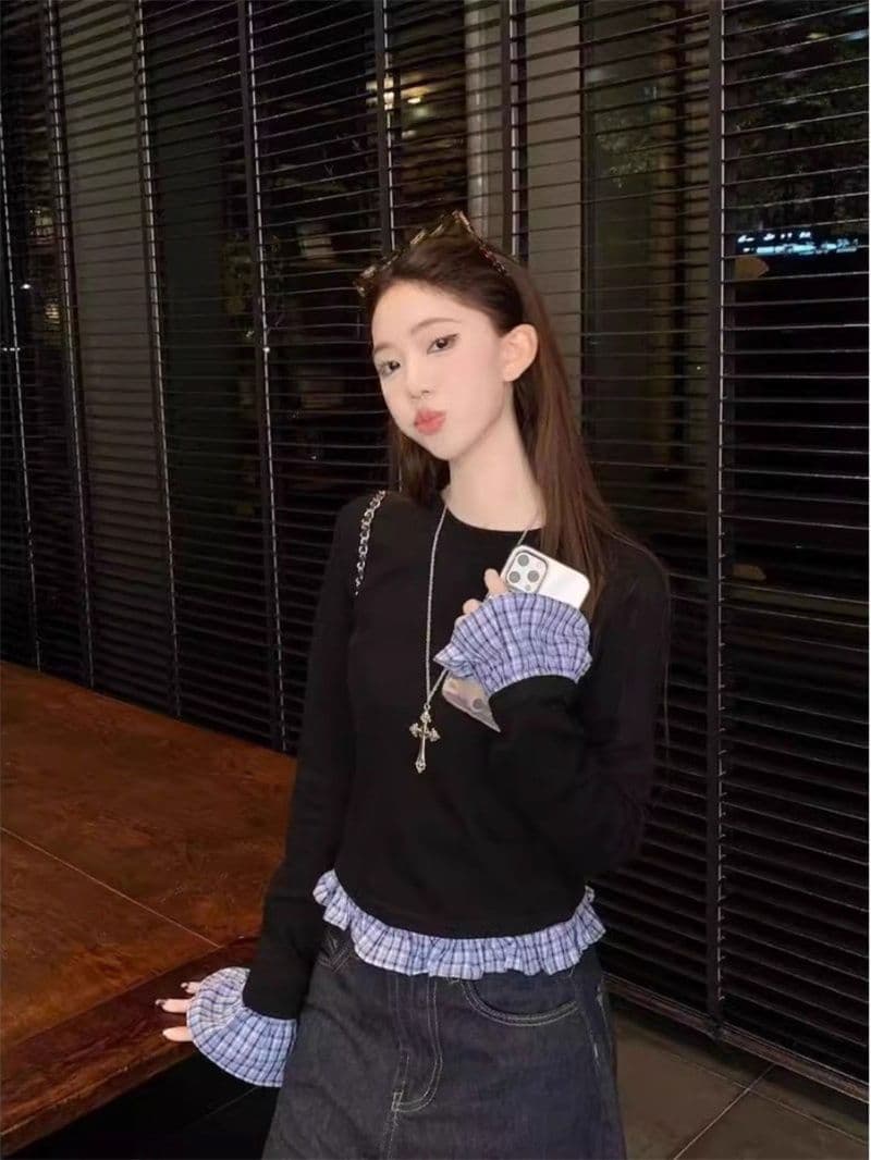 와 사고 방식 모달 260 그램 1 1+ 원본 체크무늬 프랑스식 체크무늬 패치워크 몸매 가꾸기 맨위 상세 이미지 8