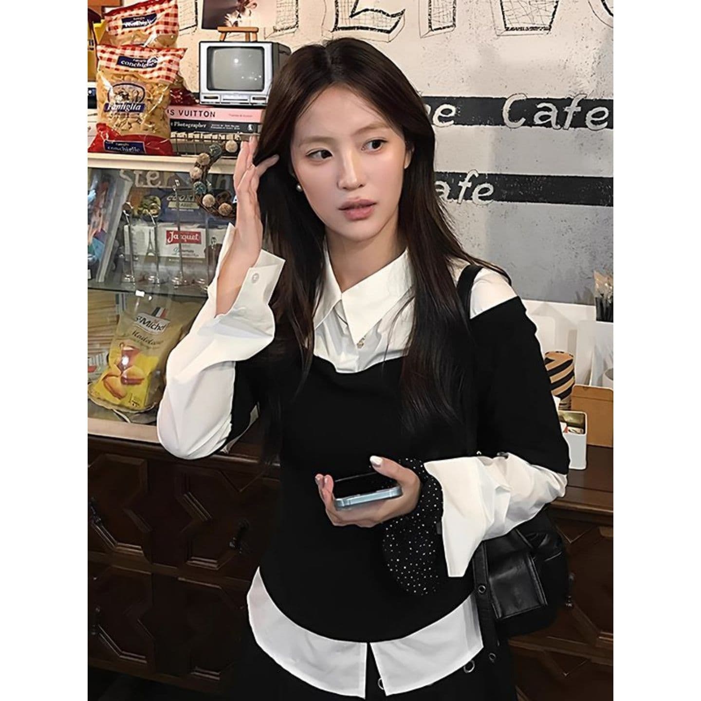 경관 그림 40 순면 리브 210 그램 1 1 디자인 핫걸 몸매 가꾸기 품격 맨위 페이크 레이어드 이미지 2