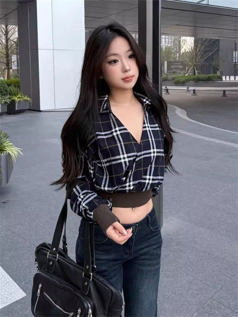 원본 순면 컬러 짜임 천 고급 센스 한 부서 레트로 배색 체크무늬 V 넥 셔츠 맨위 여성 상세 이미지 3