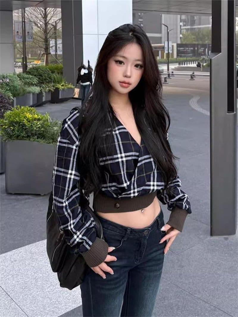 원본 순면 컬러 짜임 천 고급 센스 한 부서 레트로 배색 체크무늬 V 넥 셔츠 맨위 여성 상세 이미지 7