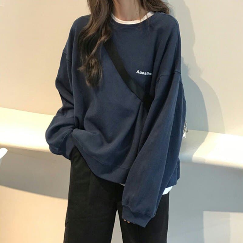 가을 새로운 한국 스타일 미니멀리즘 알파벳 루즈핏 슬림해 보이는 라운드 넥 긴팔 후드티 여자 학생 얇은 스타일 재킷