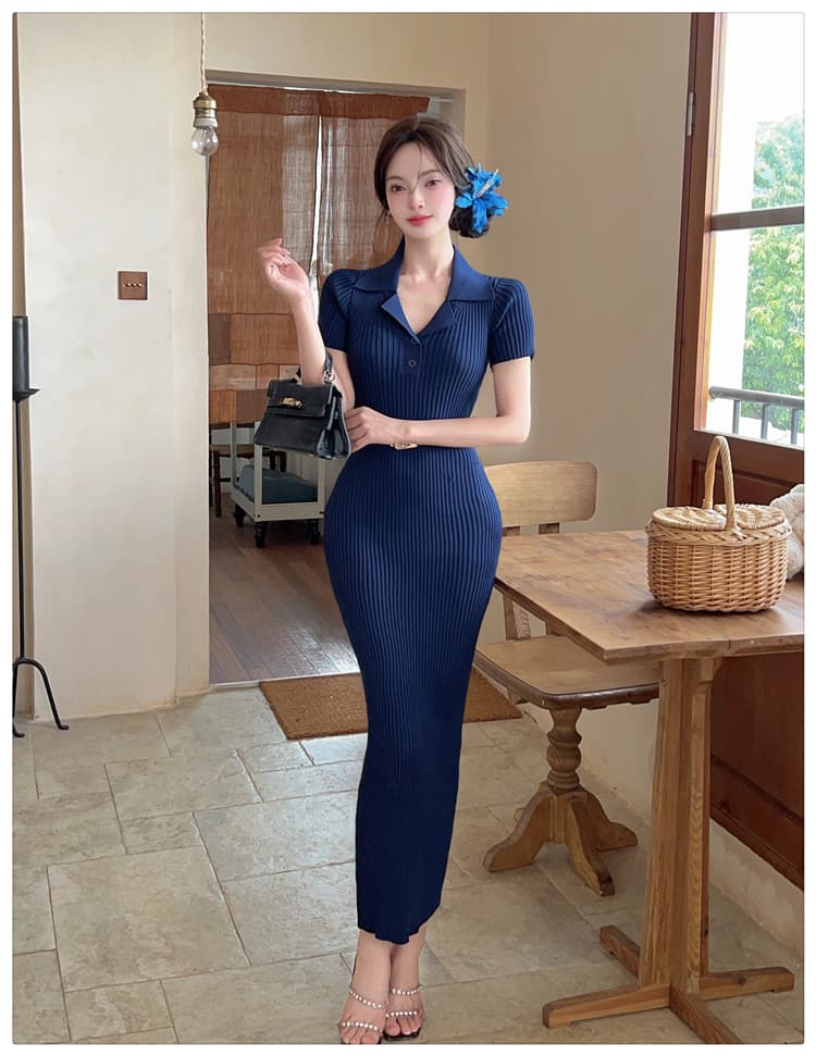 실사 프랑스식 품격 V넥 파란색 니트 여성 드레스 여름 몸매 가꾸기 허리 수축 계모 타이트 스커트 롱 스커트 상세 이미지 16