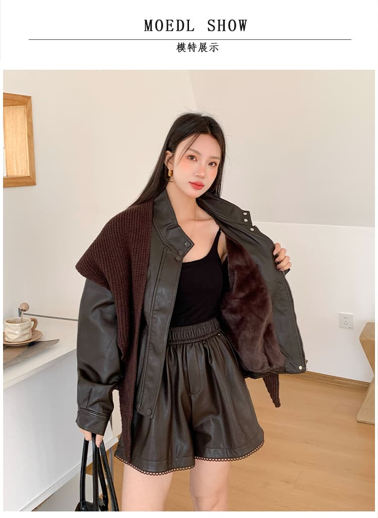 실사 니트 숄 스탠드 칼라 털이 있는 가죽 재킷 재킷 겨울 작은 키 외국 가스 캐주얼 가죽 자켓 여성 상세 이미지 6