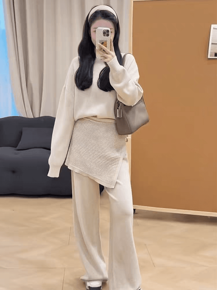 가을 겨울 새로운 디자인 센스 니트 세트 여성 스웨터 랩스커트팬츠 와이드 레그 팬츠 패션 3종 세트 느긋한 바람