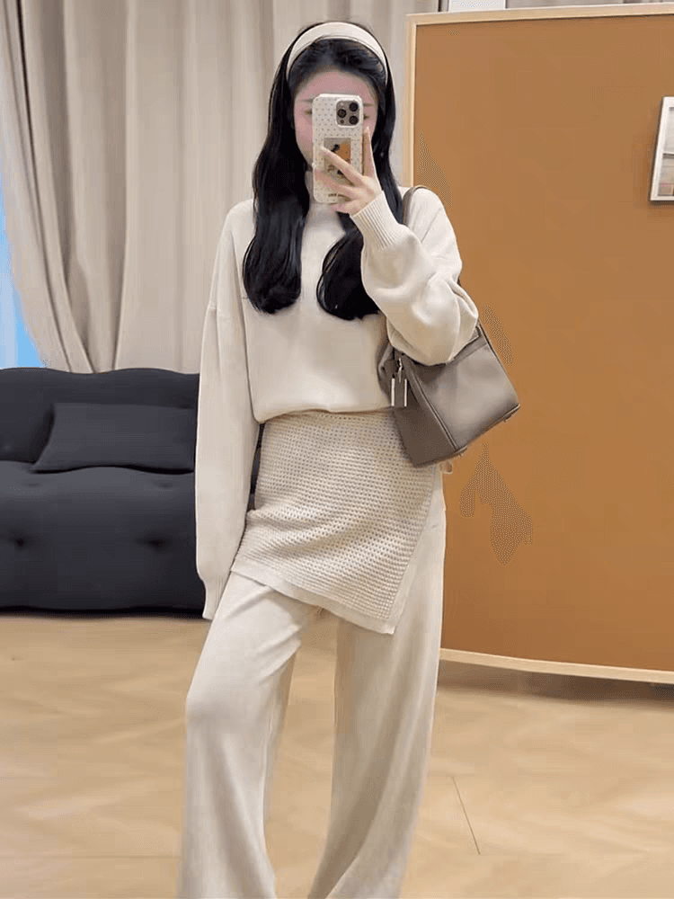 가을 겨울 새로운 디자인 센스 니트 세트 여성 스웨터 랩스커트팬츠 와이드 레그 팬츠 패션 3종 세트 느긋한 바람 이미지 2