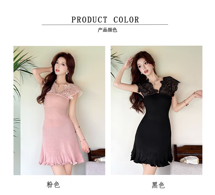 프랑스식 레이스 V넥 여성 드레스 여름 품격 몸매 가꾸기 허리 수축 홀로우 아웃 프릴 짧은 치마 상세 이미지 5