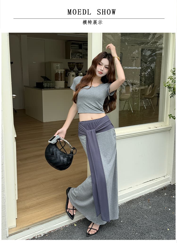 홍콩 느낌 몸매 가꾸기 반팔 티셔츠 배색 허리 수축 스트랩 캐주얼 반신 스커트 품격 투피스 슈트 여성 상세 이미지 6