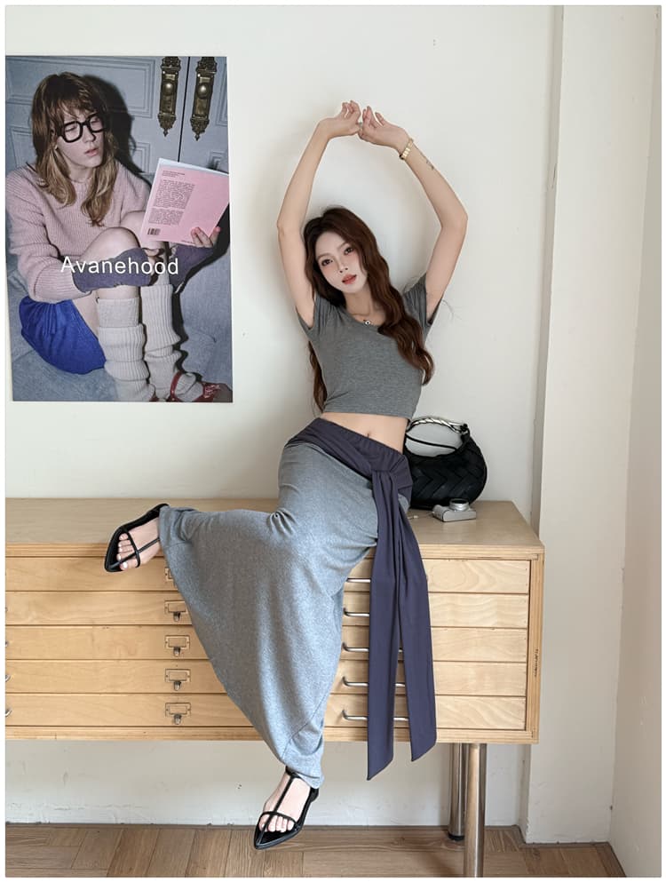 홍콩 느낌 몸매 가꾸기 반팔 티셔츠 배색 허리 수축 스트랩 캐주얼 반신 스커트 품격 투피스 슈트 여성 상세 이미지 12
