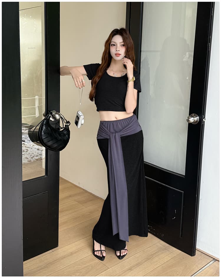 홍콩 느낌 몸매 가꾸기 반팔 티셔츠 배색 허리 수축 스트랩 캐주얼 반신 스커트 품격 투피스 슈트 여성 상세 이미지 16