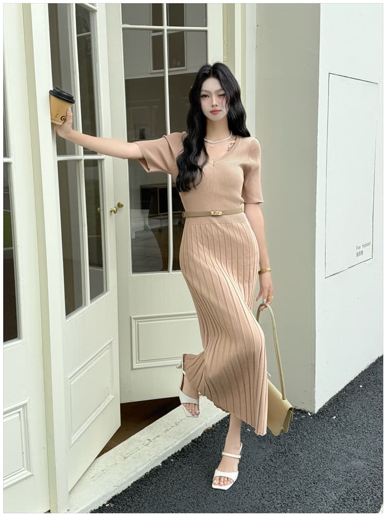 프랑스식 V넥 구덩이 기사 니트 여성 드레스 여름 한 부서 허리 수축 몸매 가꾸기 롱 코트 치마 우아함 상세 이미지 11