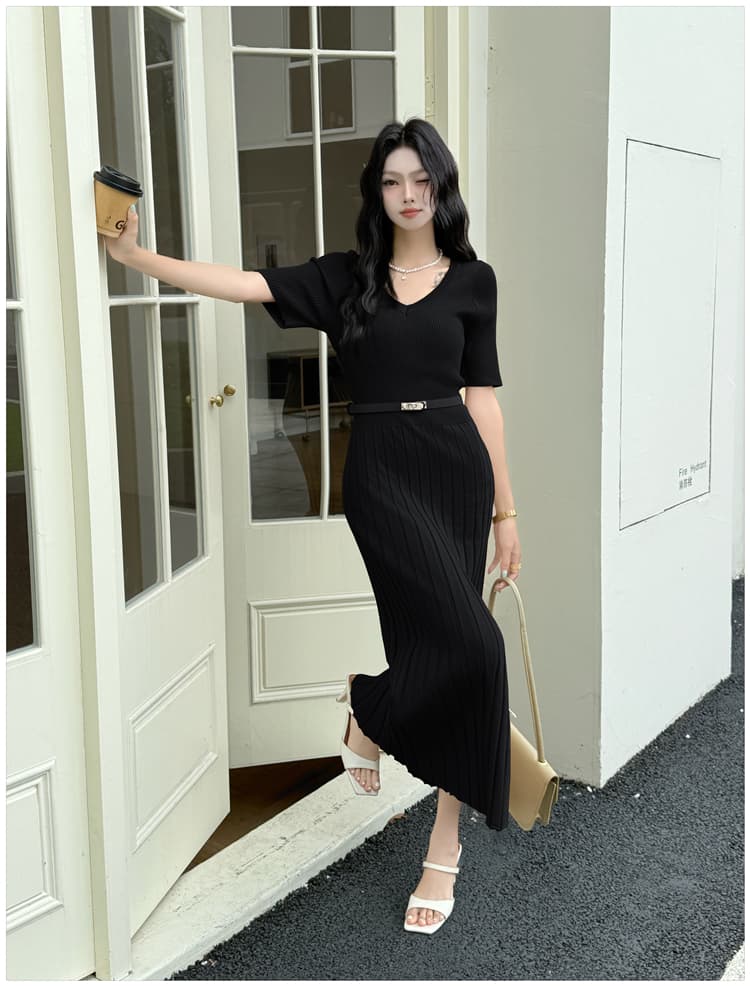프랑스식 V넥 구덩이 기사 니트 여성 드레스 여름 한 부서 허리 수축 몸매 가꾸기 롱 코트 치마 우아함 상세 이미지 14