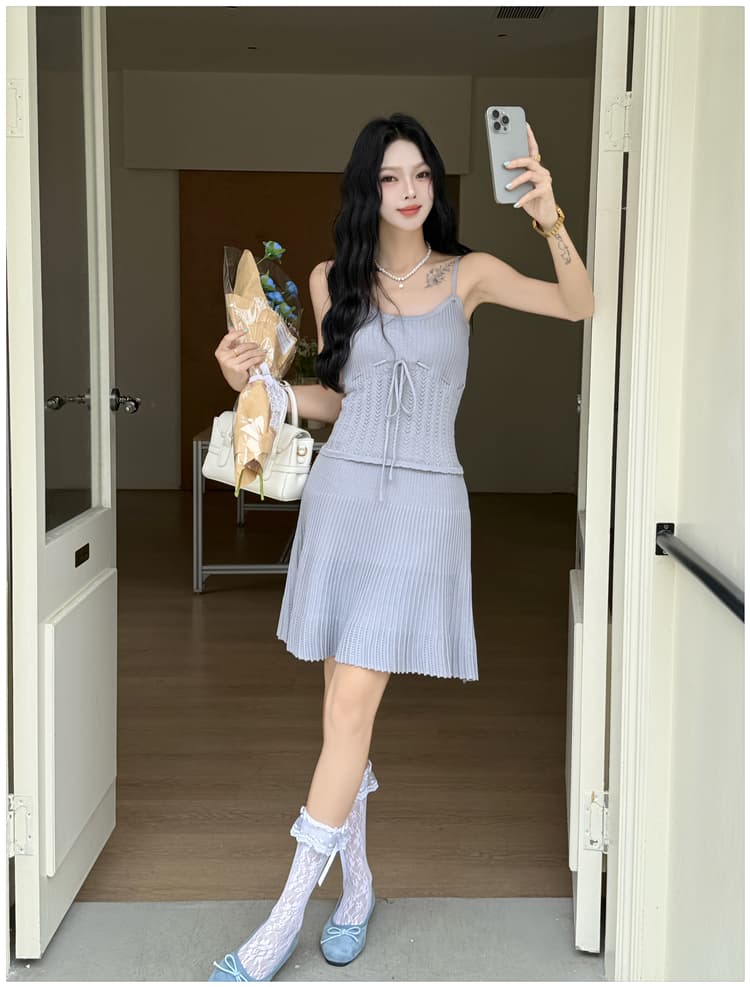 프랑스식 니트 슬립 여성 드레스 플리츠 스커트 민소매 디자인 센스 미니 스커트 달콤함 작은 키 치마 상세 이미지 10