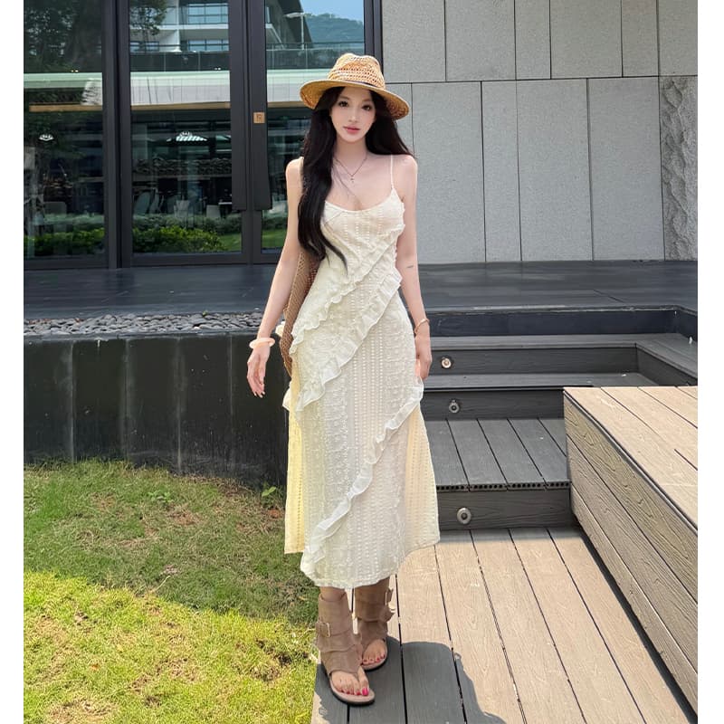 프랑스식 휴가 바람 프릴 레이스 슬립 여성 드레스 여름 품격 부드러운 바람 길다 치마 이미지 3