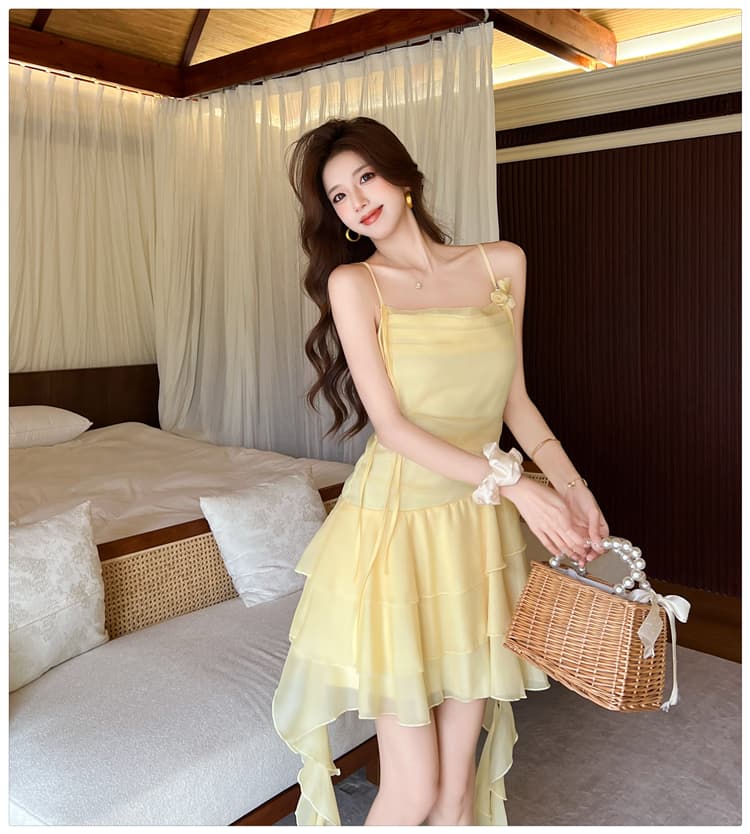 프랑스식 프릴 꽃 슬립 여성 드레스 흔들다 칼라 분위기 센스 불규칙 리본 짧은 치마 상세 이미지 15