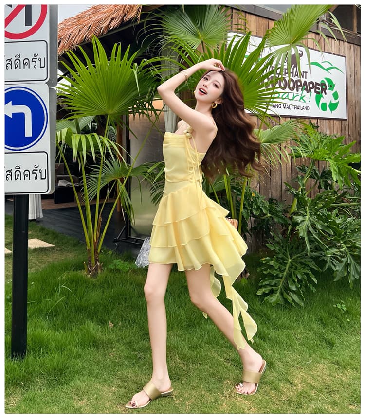 프랑스식 프릴 꽃 슬립 여성 드레스 흔들다 칼라 분위기 센스 불규칙 리본 짧은 치마 상세 이미지 17
