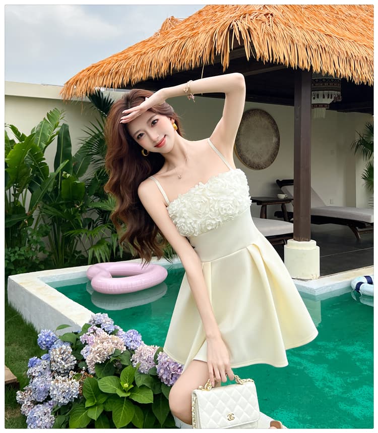 작은 대중 럭셔리 우아한 3 차원 꽃 슬립 드레스 명문 여성 바람 허리 수축 휴가 한 마디 미니 스커트 달콤함 상세 이미지 8