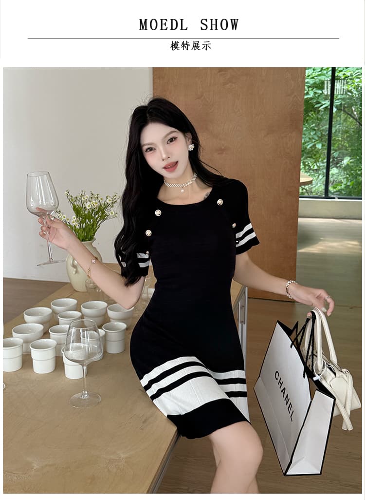 프랑스식 작은 샤넬 스타일 배색 스트라이프 반팔 니트 여성 드레스 여름 작은 키 한 마디 미니 스커트 상세 이미지 5