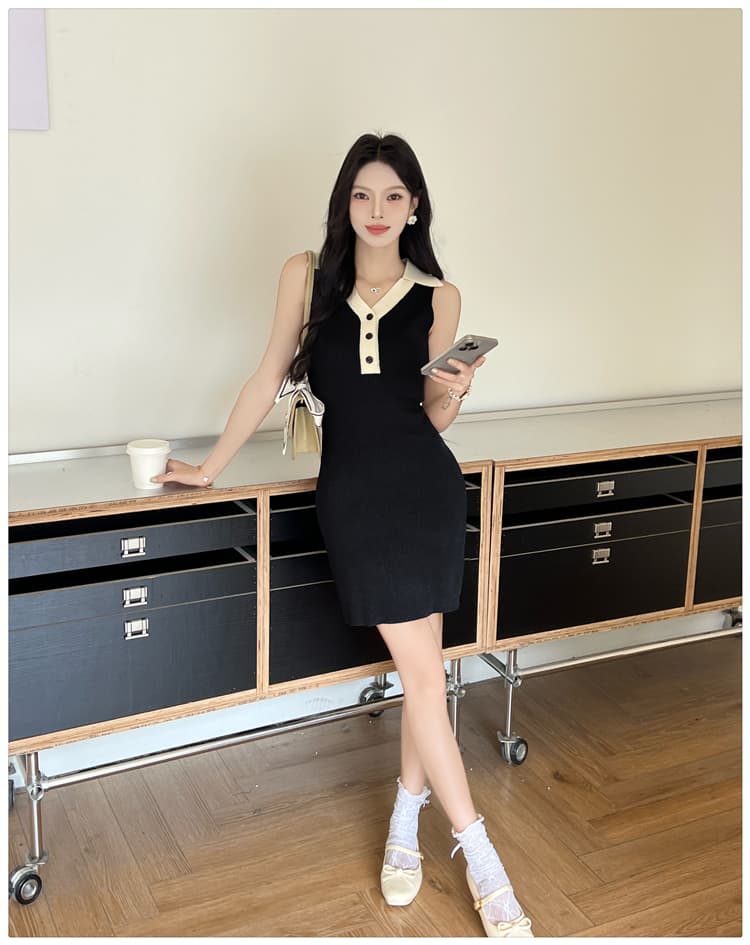 부드러운 한 부서 품격 고급 여름 니트 드레스 감기 폴로 칼라 배색 민소매 짧은 치마 상세 이미지 16
