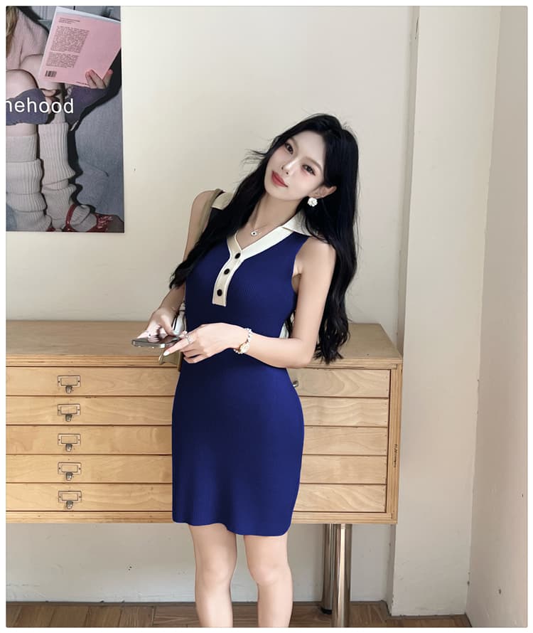 부드러운 한 부서 품격 고급 여름 니트 드레스 감기 폴로 칼라 배색 민소매 짧은 치마 상세 이미지 20