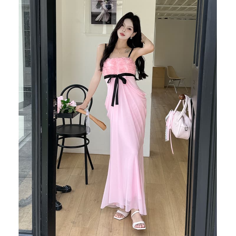 장미 패치워크 나비 매듭 슬립 드레스 여신 팬 달콤함 섹시함 슬림해 보이는 타이트 스커트 롱 스커트 이미지 4