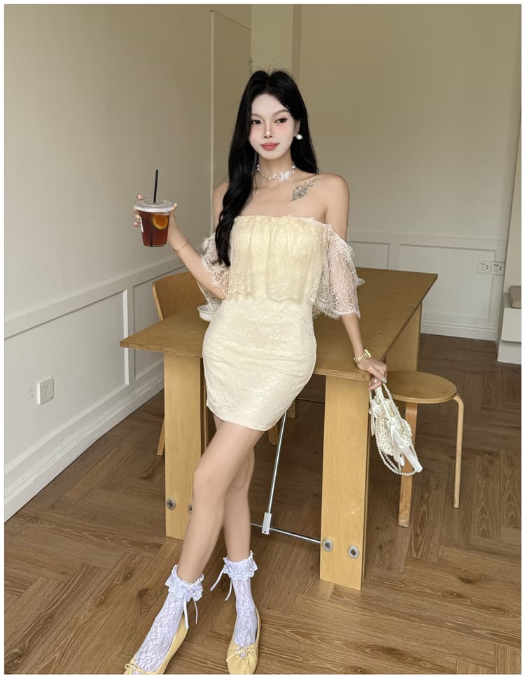 오프숄더 프랑스식 반팔 여성 드레스 허리 수축 몸매 가꾸기 치마 순수한 욕망 바람 슬림해 보이는 타이트 스커트 미니 스커트 상세 이미지 12