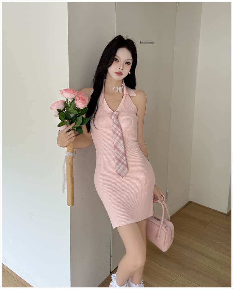 한국 스타일 폴로 칼라 넥타이 드레스 디자인 센스 V넥 몸매 가꾸기 니트 타이트 스커트 미니 스커트 작은 키 치마 상세 이미지 6